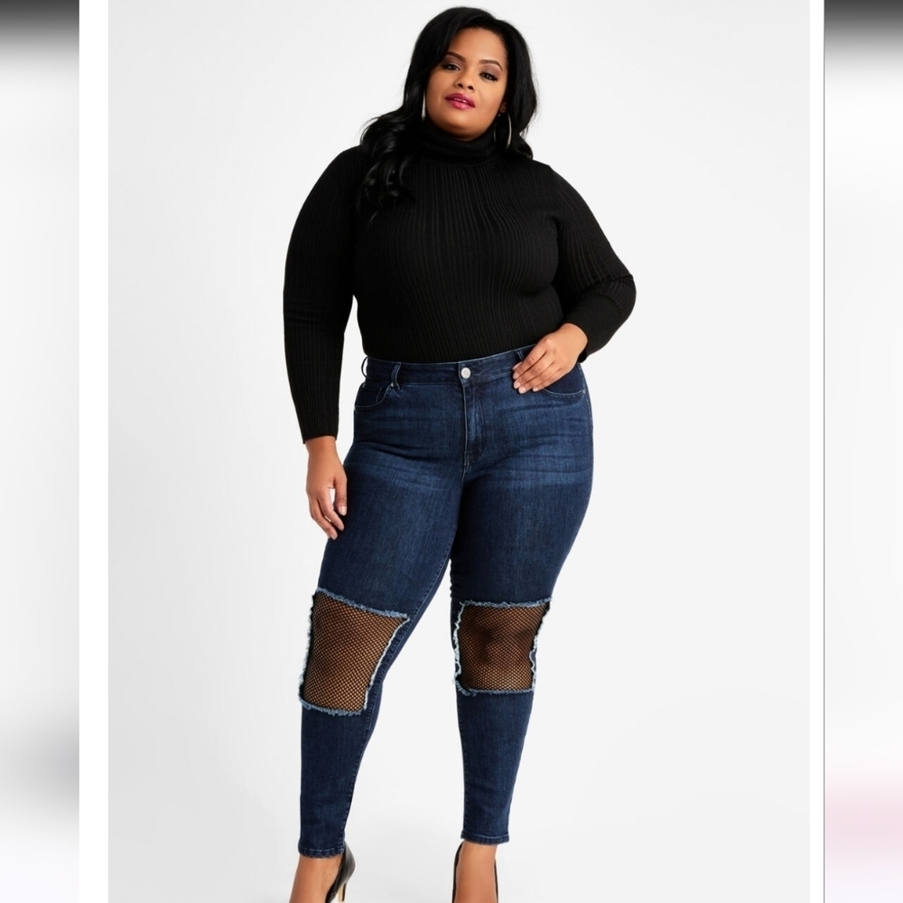 One5one woman 18w fishnet distressed skinny jeans